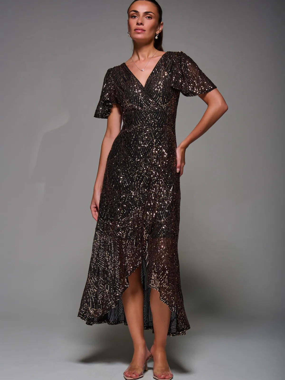 Jolie Moi Occasion Dresses|Party Dresses-Sequin Angel Sleeve Ruffle Hem Maxi Dress, Black Gold
