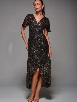 Jolie Moi Occasion Dresses|Party Dresses-Sequin Angel Sleeve Ruffle Hem Maxi Dress, Black Gold