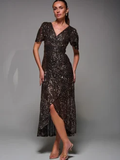 Jolie Moi Occasion Dresses|Party Dresses-Sequin Angel Sleeve Ruffle Hem Maxi Dress, Black Gold