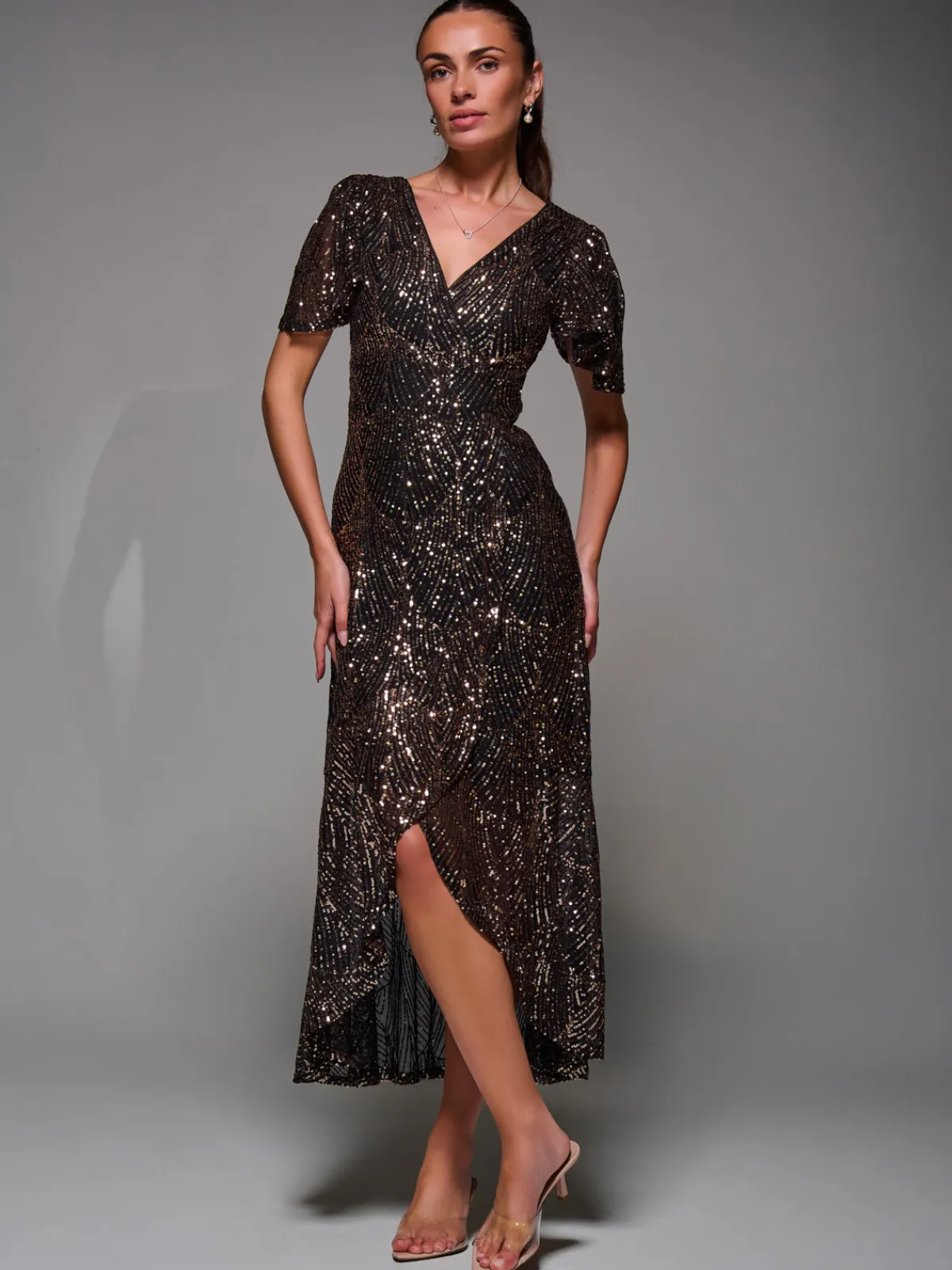 Jolie Moi Occasion Dresses|Party Dresses-Sequin Angel Sleeve Ruffle Hem Maxi Dress, Black Gold