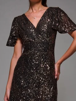 Jolie Moi Occasion Dresses|Party Dresses-Sequin Angel Sleeve Ruffle Hem Maxi Dress, Black Gold