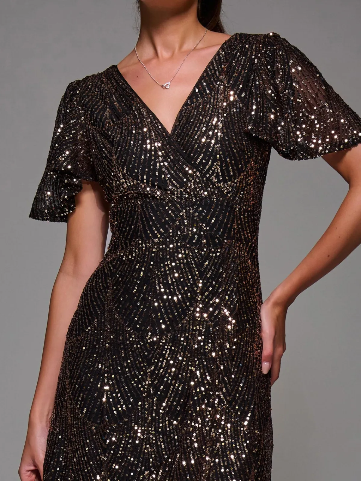 Jolie Moi Occasion Dresses|Party Dresses-Sequin Angel Sleeve Ruffle Hem Maxi Dress, Black Gold
