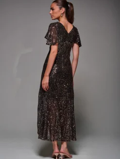 Jolie Moi Occasion Dresses|Party Dresses-Sequin Angel Sleeve Ruffle Hem Maxi Dress, Black Gold