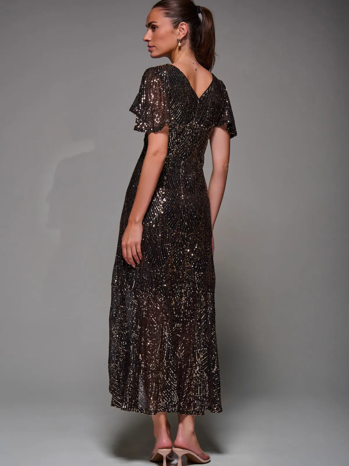 Jolie Moi Occasion Dresses|Party Dresses-Sequin Angel Sleeve Ruffle Hem Maxi Dress, Black Gold