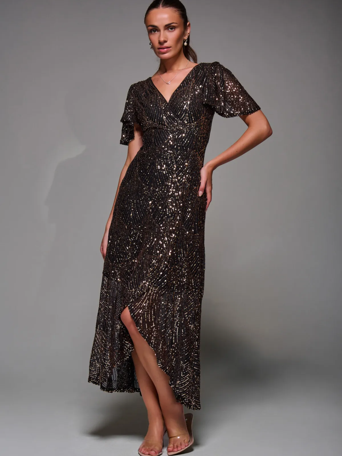 Jolie Moi Occasion Dresses|Party Dresses-Sequin Angel Sleeve Ruffle Hem Maxi Dress, Black Gold