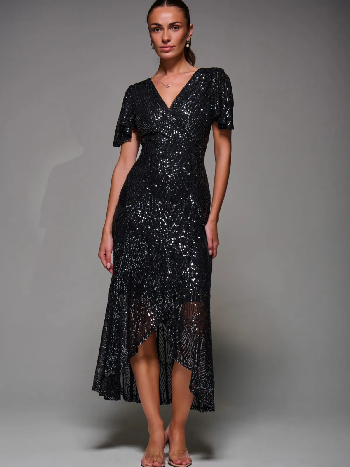 Jolie Moi Occasion Dresses|Party Dresses-Sequin Angel Sleeve Ruffle Hem Maxi Dress, Black Nickel