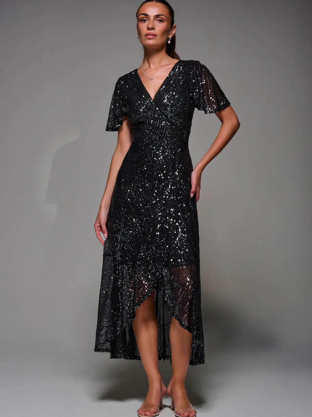 Jolie Moi Occasion Dresses|Party Dresses-Sequin Angel Sleeve Ruffle Hem Maxi Dress, Black Nickel