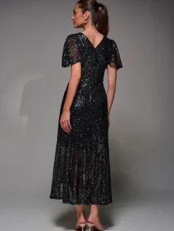 Jolie Moi Occasion Dresses|Party Dresses-Sequin Angel Sleeve Ruffle Hem Maxi Dress, Black Nickel
