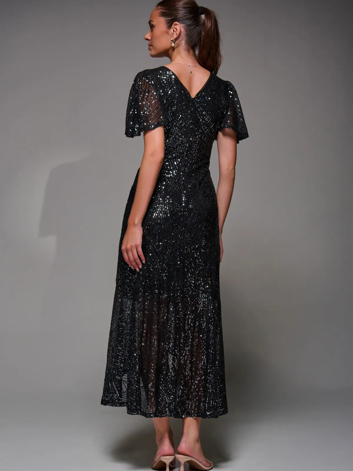 Jolie Moi Occasion Dresses|Party Dresses-Sequin Angel Sleeve Ruffle Hem Maxi Dress, Black Nickel