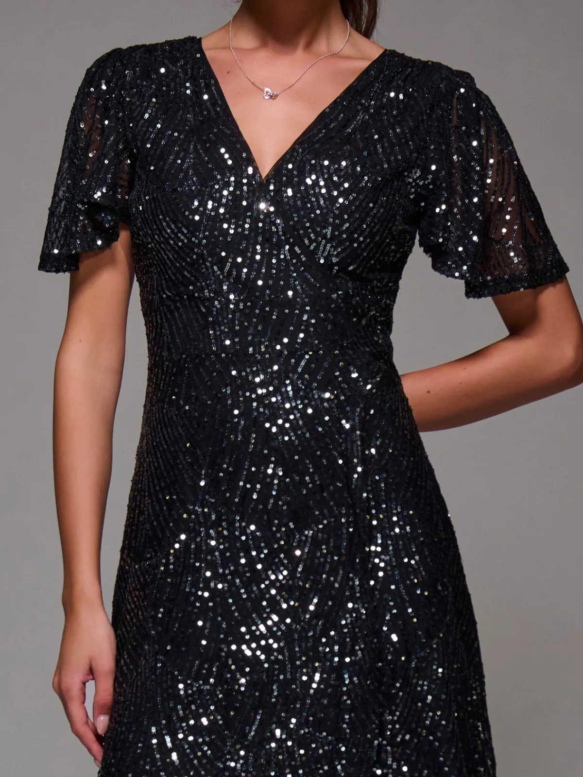 Jolie Moi Occasion Dresses|Party Dresses-Sequin Angel Sleeve Ruffle Hem Maxi Dress, Black Nickel