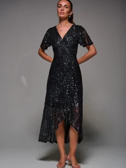 Jolie Moi Occasion Dresses|Party Dresses-Sequin Angel Sleeve Ruffle Hem Maxi Dress, Black Nickel