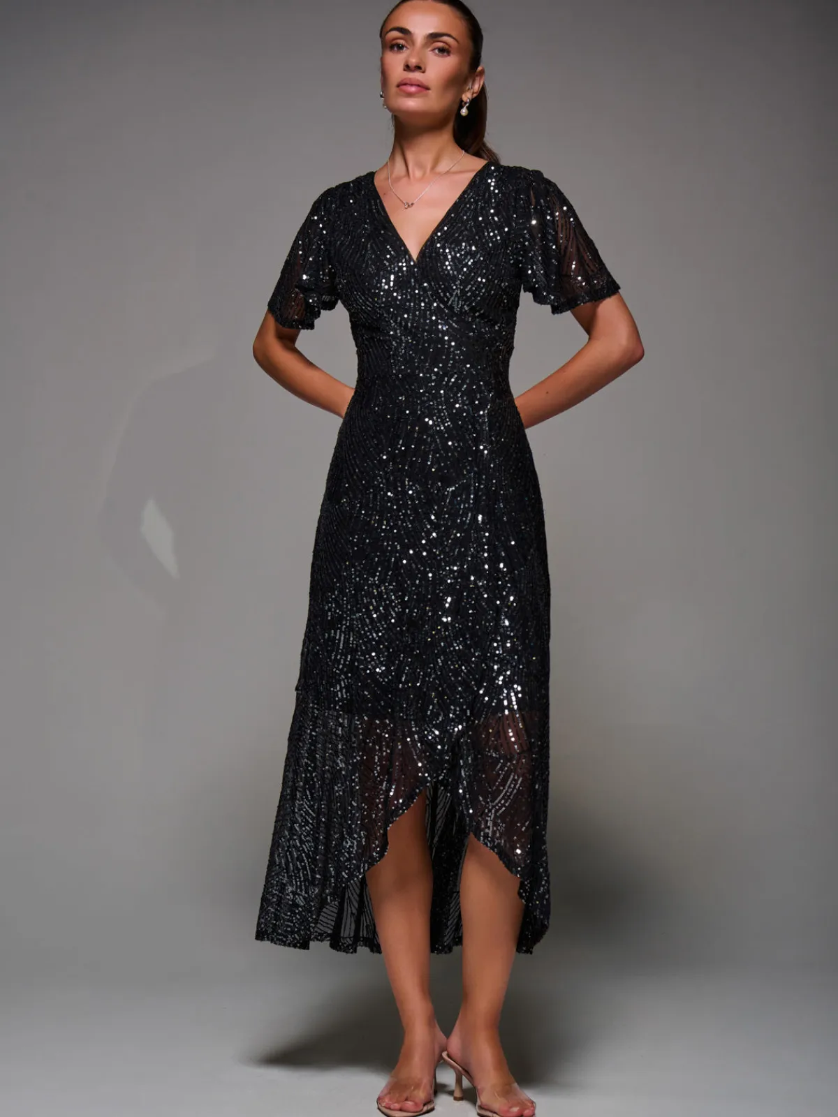Jolie Moi Occasion Dresses|Party Dresses-Sequin Angel Sleeve Ruffle Hem Maxi Dress, Black Nickel