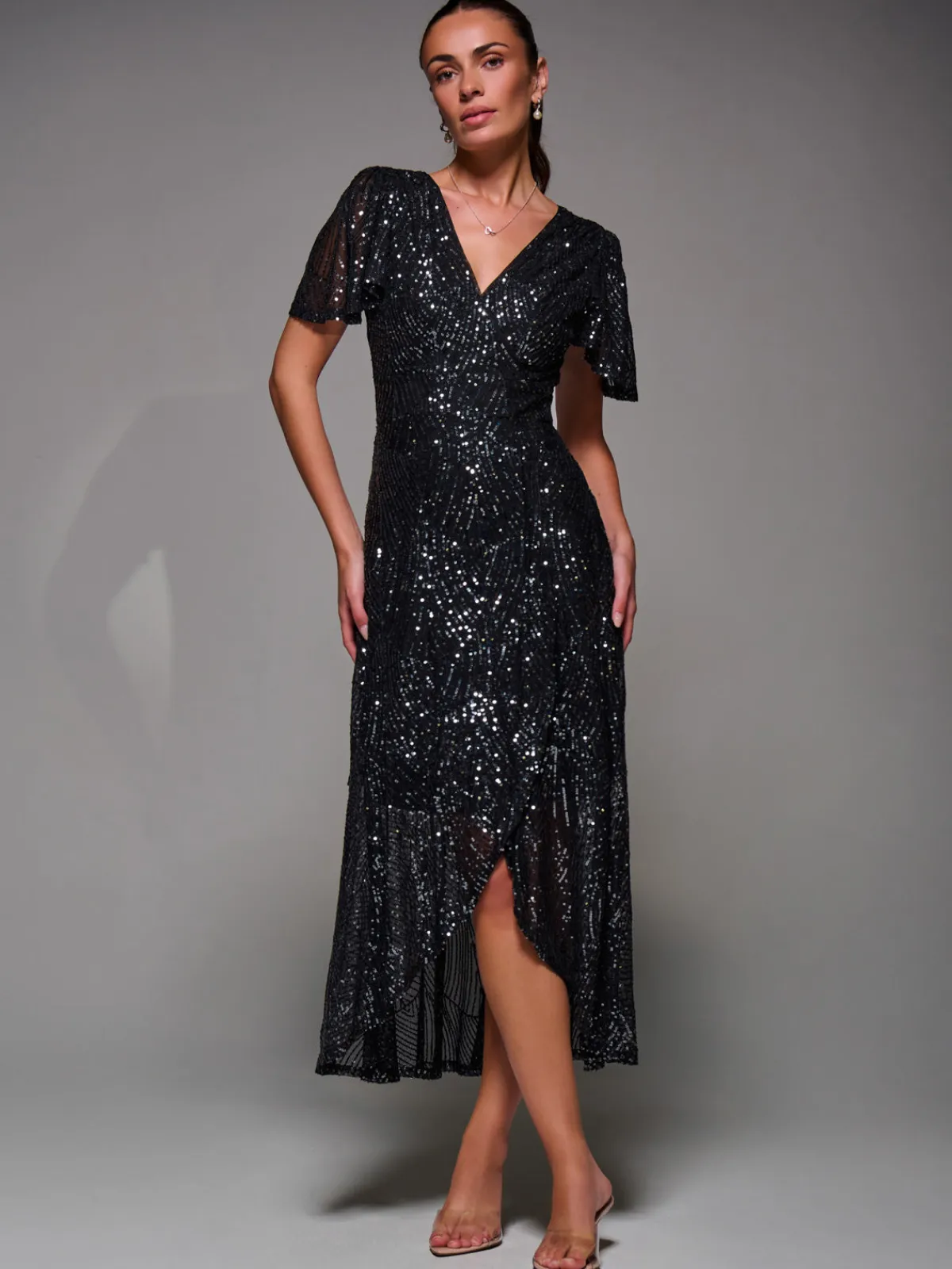 Jolie Moi Occasion Dresses|Party Dresses-Sequin Angel Sleeve Ruffle Hem Maxi Dress, Black Nickel