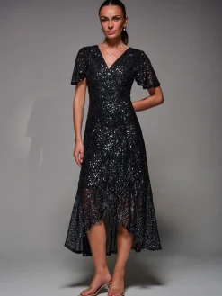 Jolie Moi Occasion Dresses|Party Dresses-Sequin Angel Sleeve Ruffle Hem Maxi Dress, Black Nickel