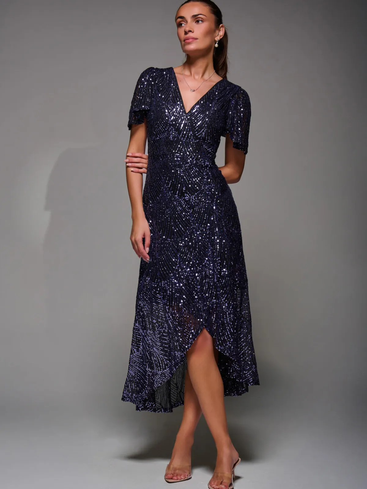 Jolie Moi Occasion Dresses|Party Dresses-Sequin Angel Sleeve Ruffle Hem Maxi Dress, Black Purple