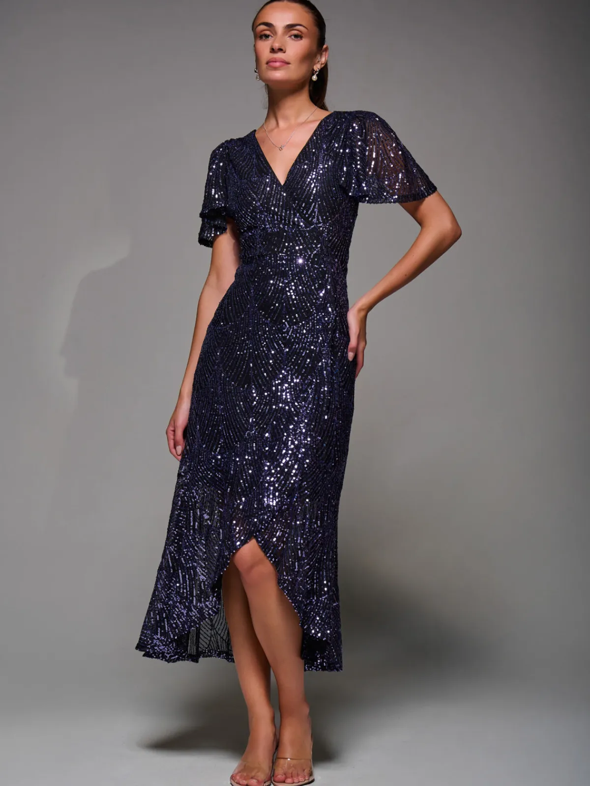 Jolie Moi Occasion Dresses|Party Dresses-Sequin Angel Sleeve Ruffle Hem Maxi Dress, Black Purple