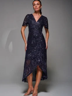 Jolie Moi Occasion Dresses|Party Dresses-Sequin Angel Sleeve Ruffle Hem Maxi Dress, Black Purple