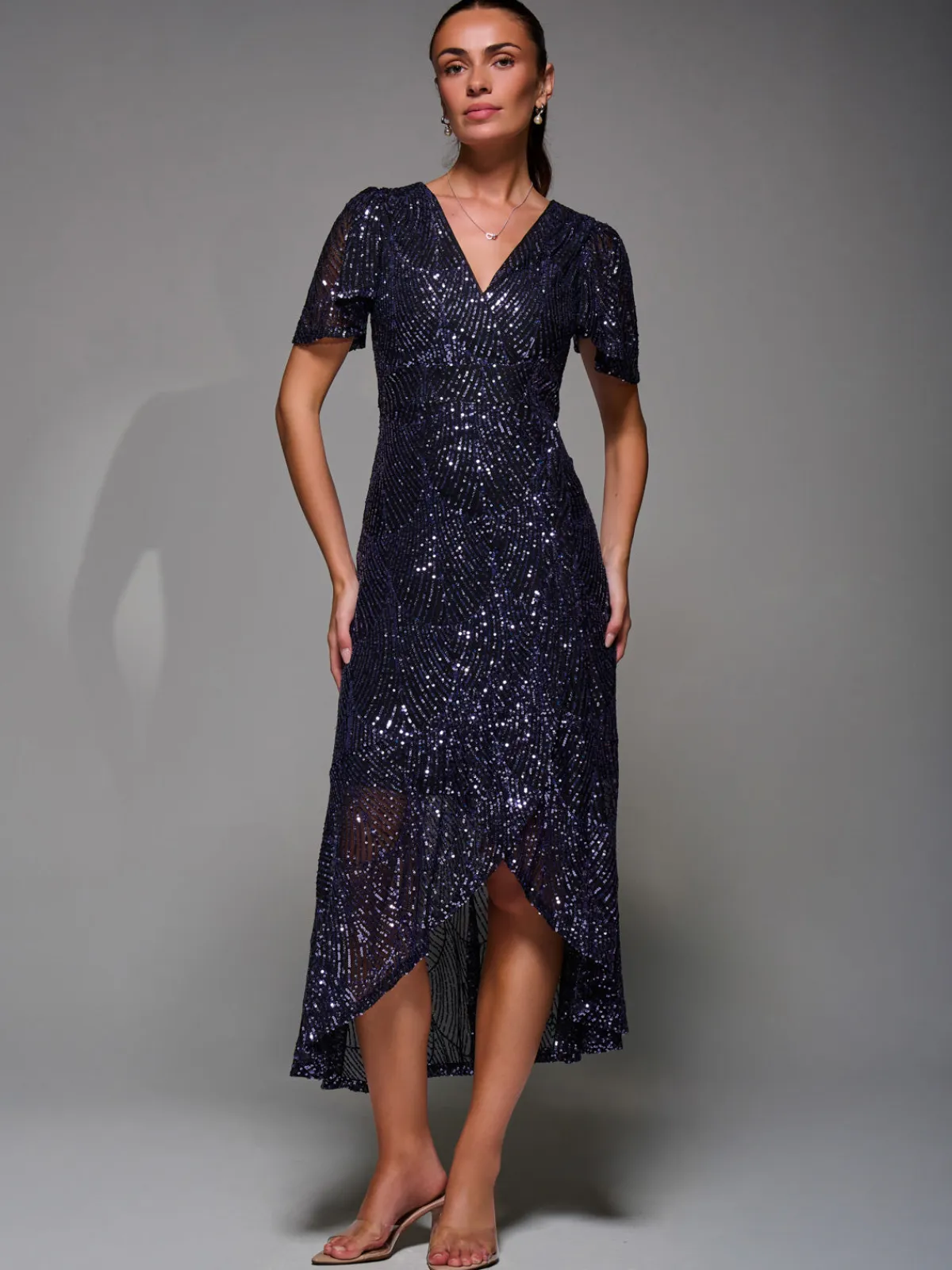 Jolie Moi Occasion Dresses|Party Dresses-Sequin Angel Sleeve Ruffle Hem Maxi Dress, Black Purple