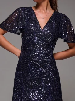 Jolie Moi Occasion Dresses|Party Dresses-Sequin Angel Sleeve Ruffle Hem Maxi Dress, Black Purple