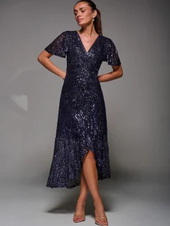 Jolie Moi Occasion Dresses|Party Dresses-Sequin Angel Sleeve Ruffle Hem Maxi Dress, Black Purple
