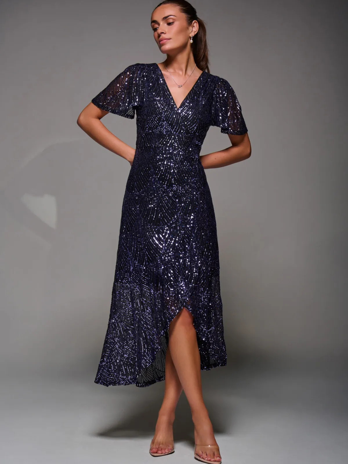 Jolie Moi Occasion Dresses|Party Dresses-Sequin Angel Sleeve Ruffle Hem Maxi Dress, Black Purple