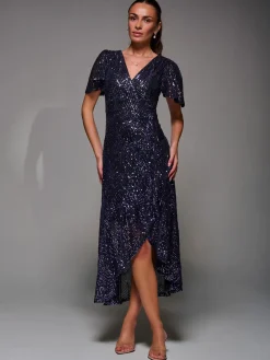 Jolie Moi Occasion Dresses|Party Dresses-Sequin Angel Sleeve Ruffle Hem Maxi Dress, Black Purple