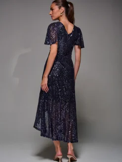 Jolie Moi Occasion Dresses|Party Dresses-Sequin Angel Sleeve Ruffle Hem Maxi Dress, Black Purple
