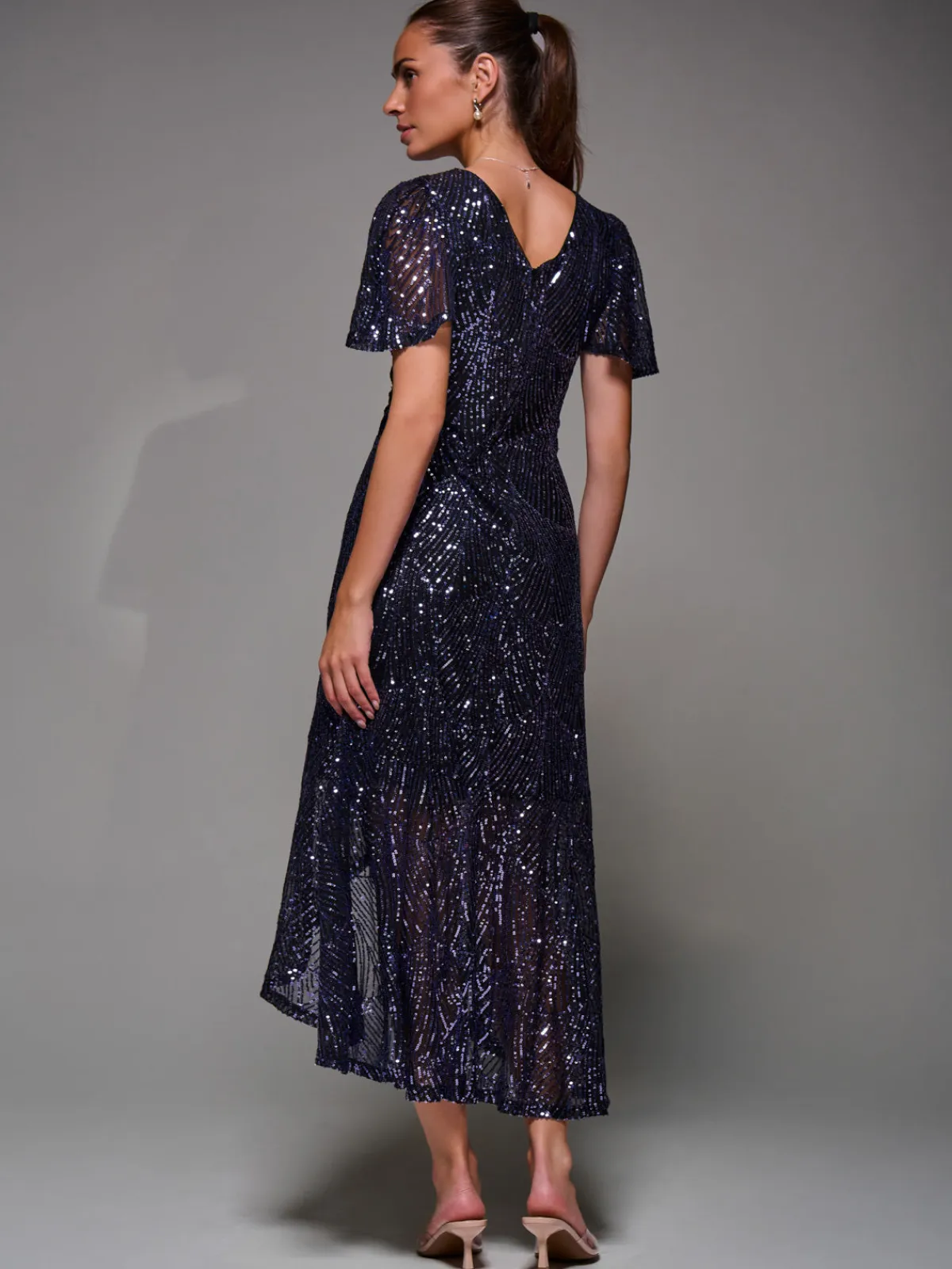 Jolie Moi Occasion Dresses|Party Dresses-Sequin Angel Sleeve Ruffle Hem Maxi Dress, Black Purple