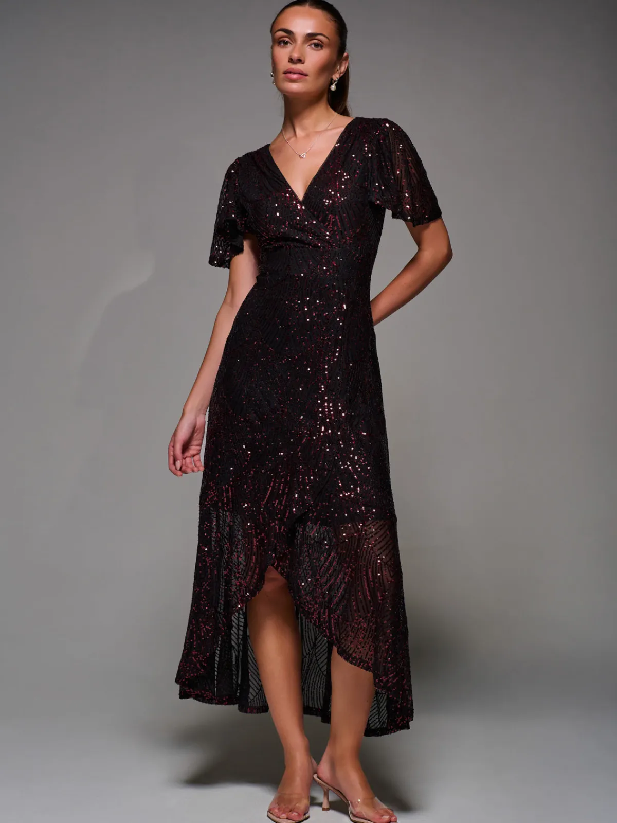 Jolie Moi Occasion Dresses|Party Dresses-Sequin Angel Sleeve Ruffle Hem Maxi Dress, Black Red