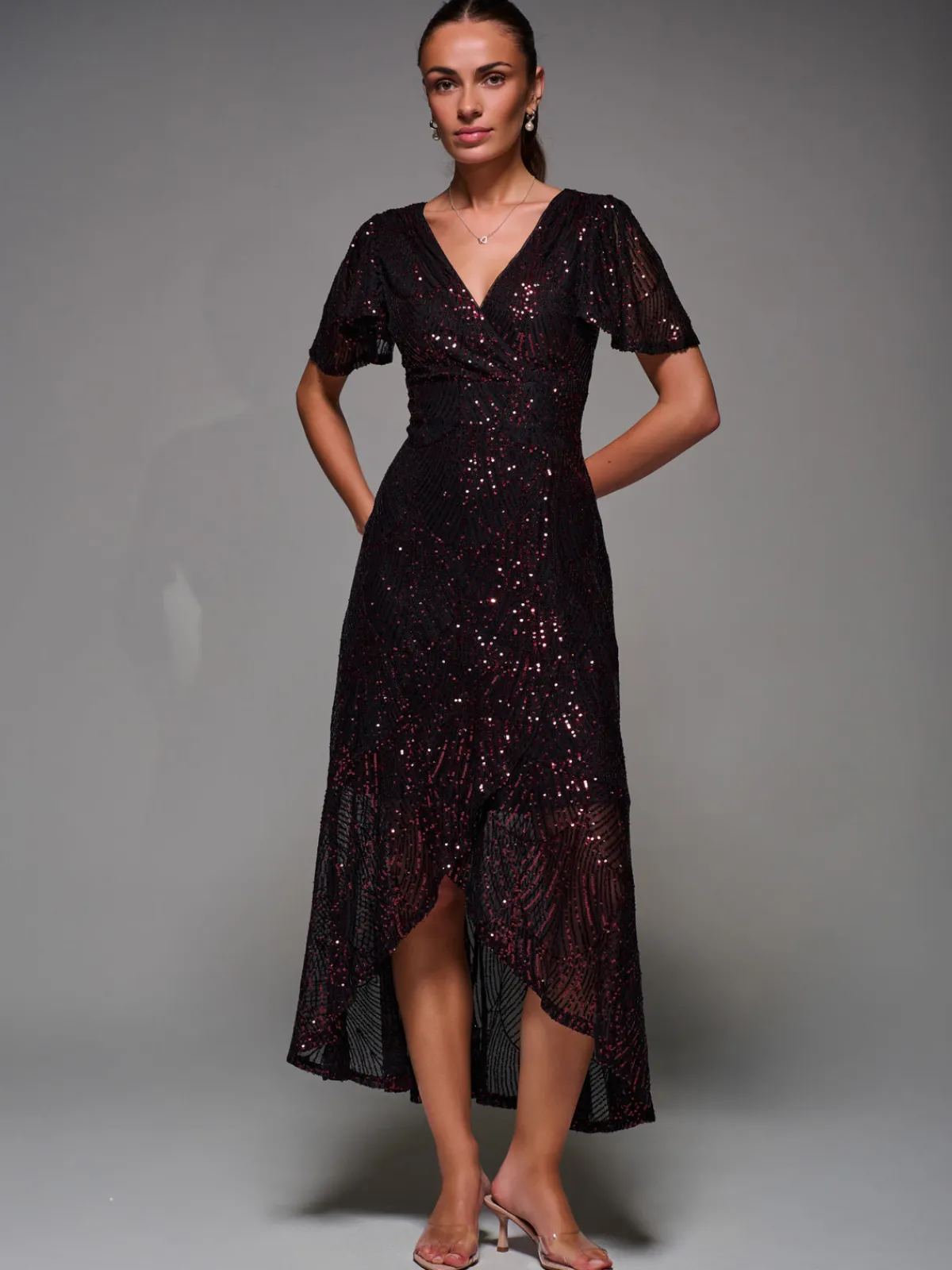 Jolie Moi Occasion Dresses|Party Dresses-Sequin Angel Sleeve Ruffle Hem Maxi Dress, Black Red