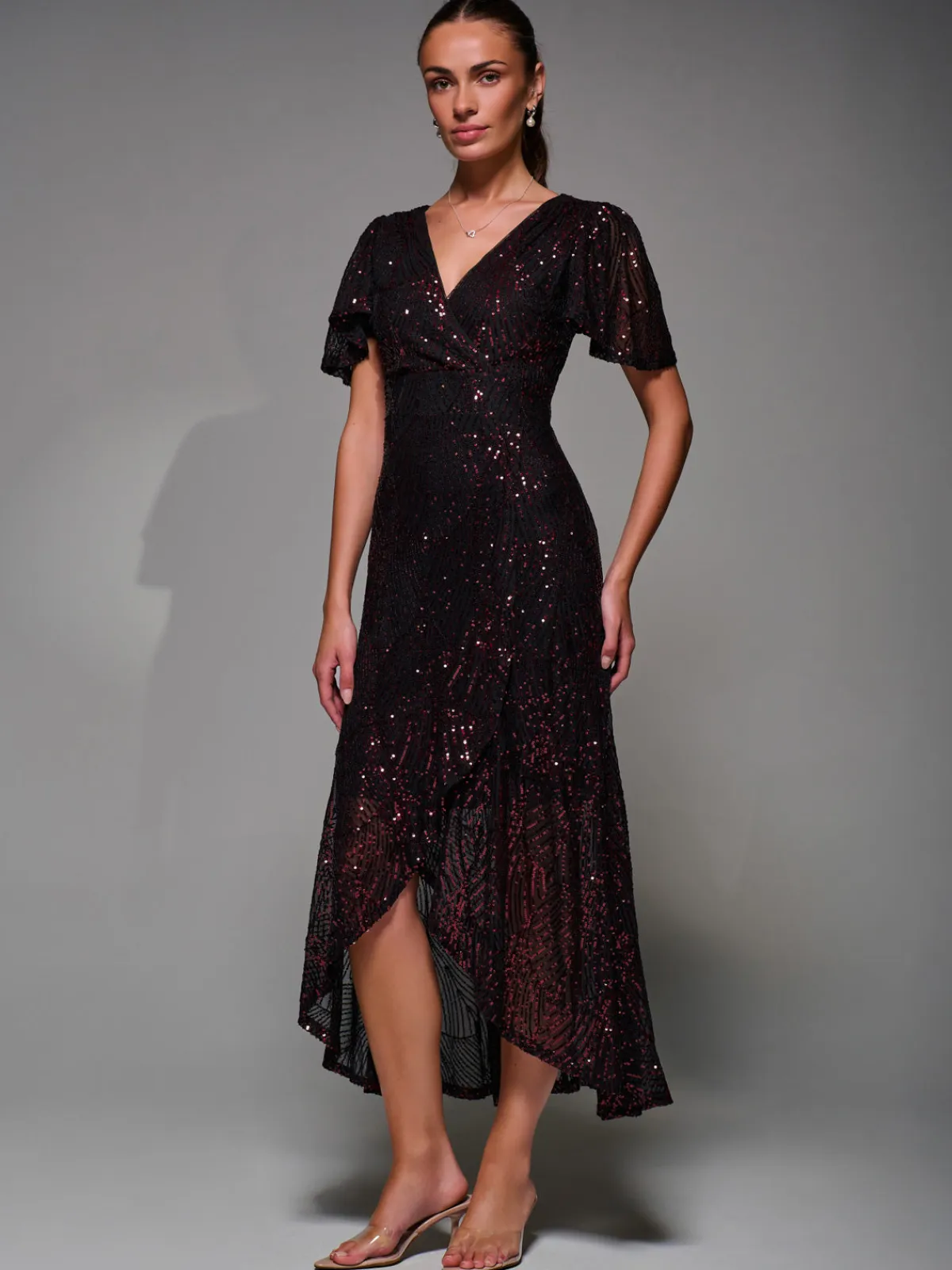 Jolie Moi Occasion Dresses|Party Dresses-Sequin Angel Sleeve Ruffle Hem Maxi Dress, Black Red