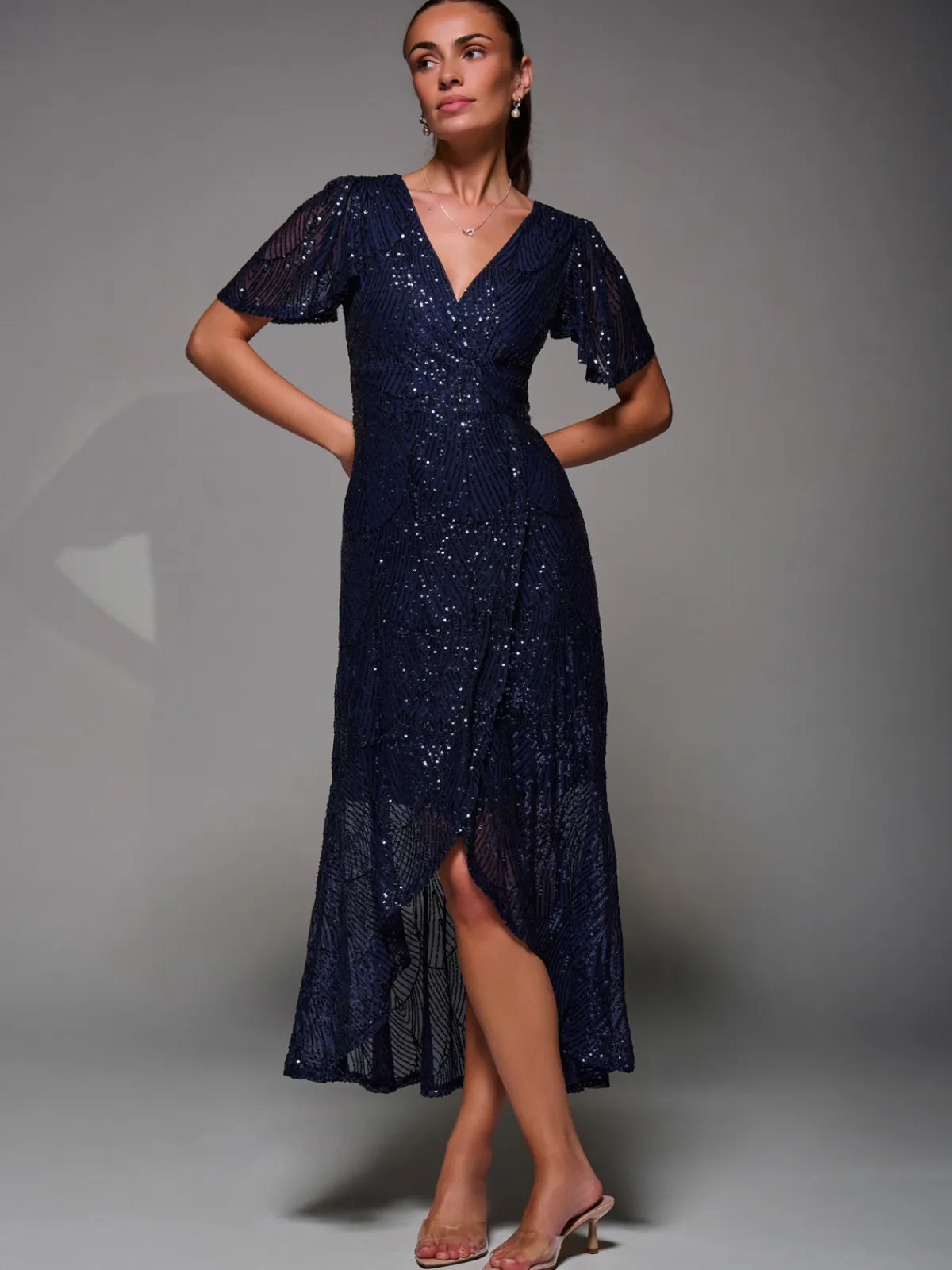 Jolie Moi Occasion Dresses|Party Dresses-Sequin Angel Sleeve Ruffle Hem Maxi Dress, Navy