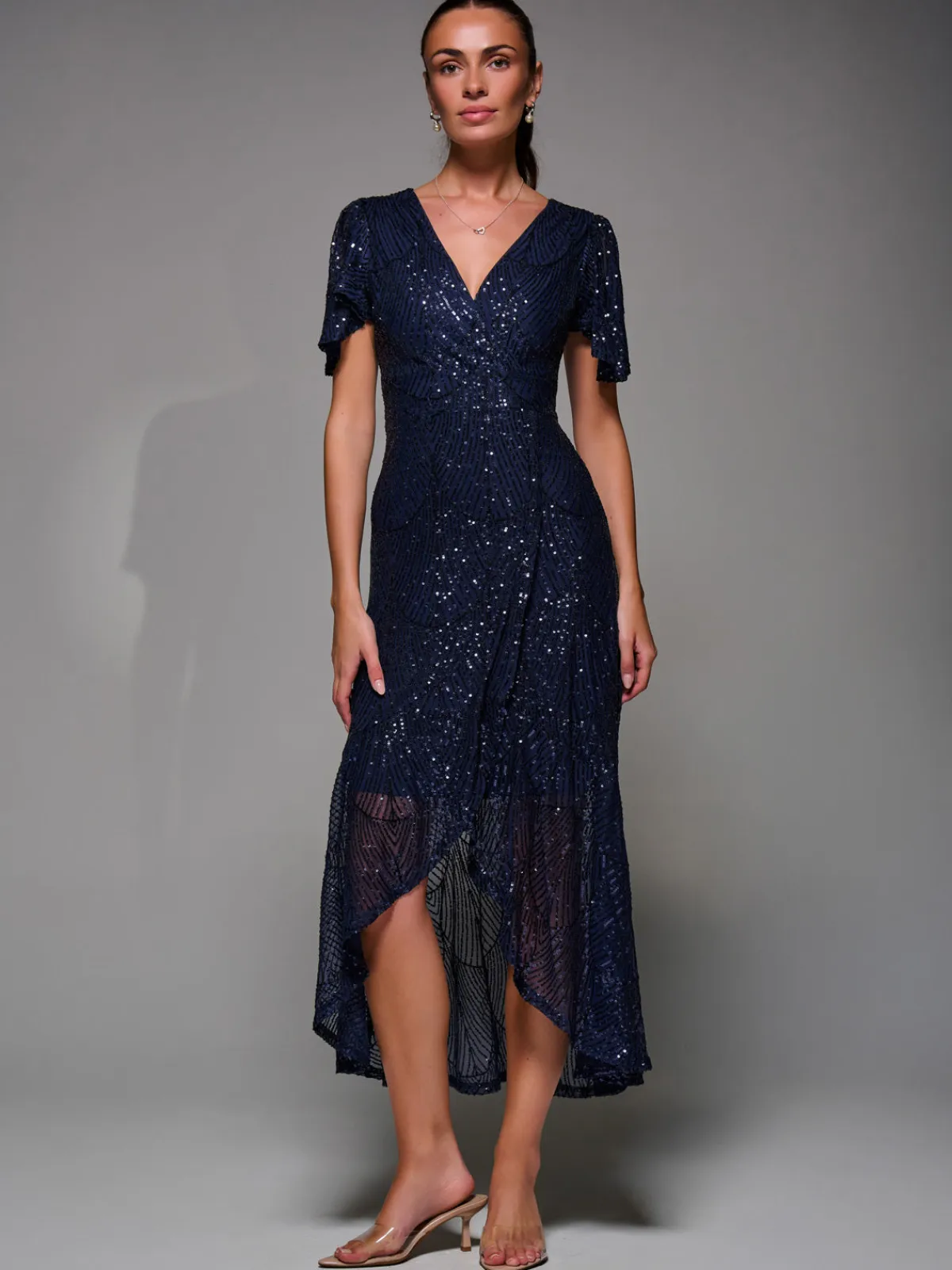 Jolie Moi Occasion Dresses|Party Dresses-Sequin Angel Sleeve Ruffle Hem Maxi Dress, Navy