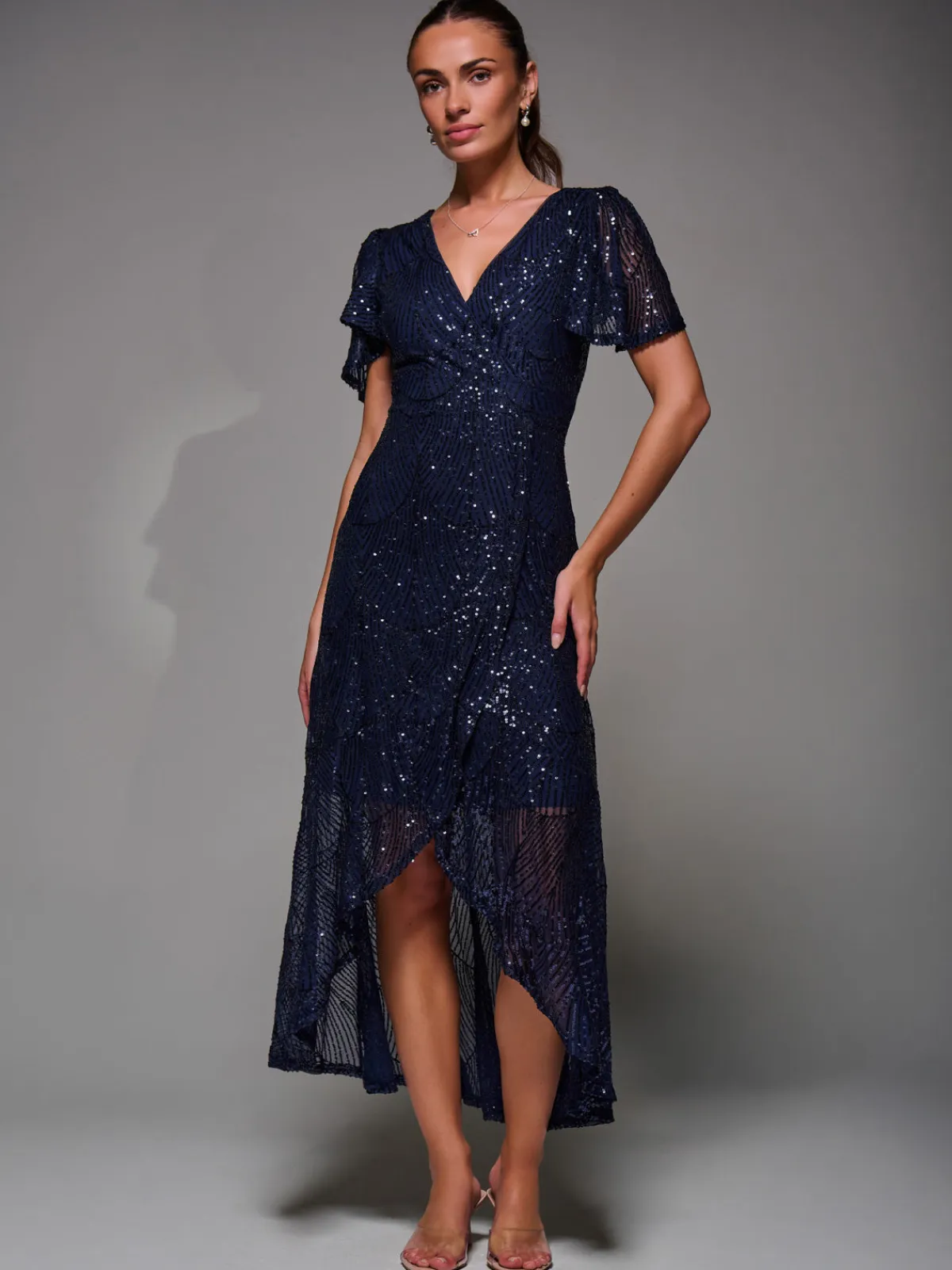 Jolie Moi Occasion Dresses|Party Dresses-Sequin Angel Sleeve Ruffle Hem Maxi Dress, Navy
