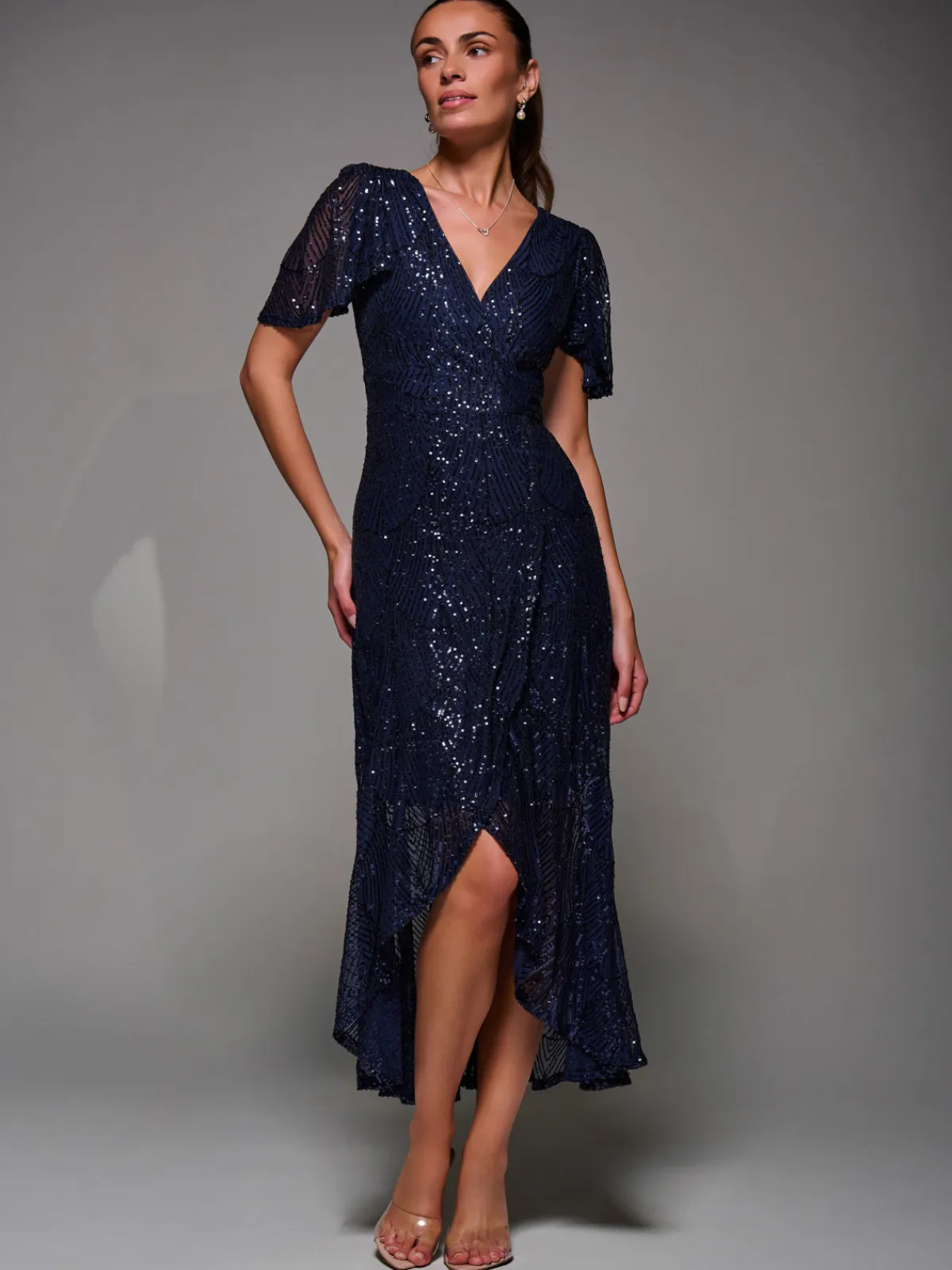 Jolie Moi Occasion Dresses|Party Dresses-Sequin Angel Sleeve Ruffle Hem Maxi Dress, Navy