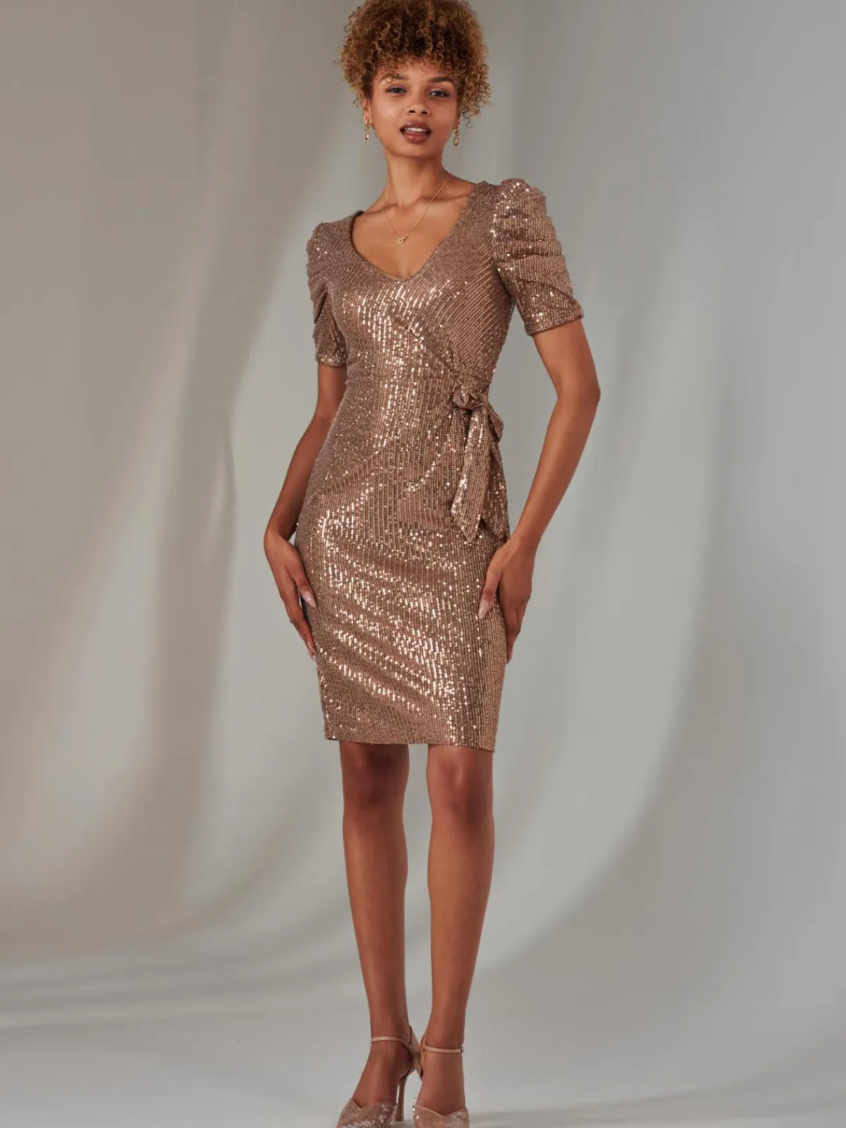 Jolie Moi Occasion Dresses|Party Dresses-Sequin Ruched Detail Pencil Dress, Bronze