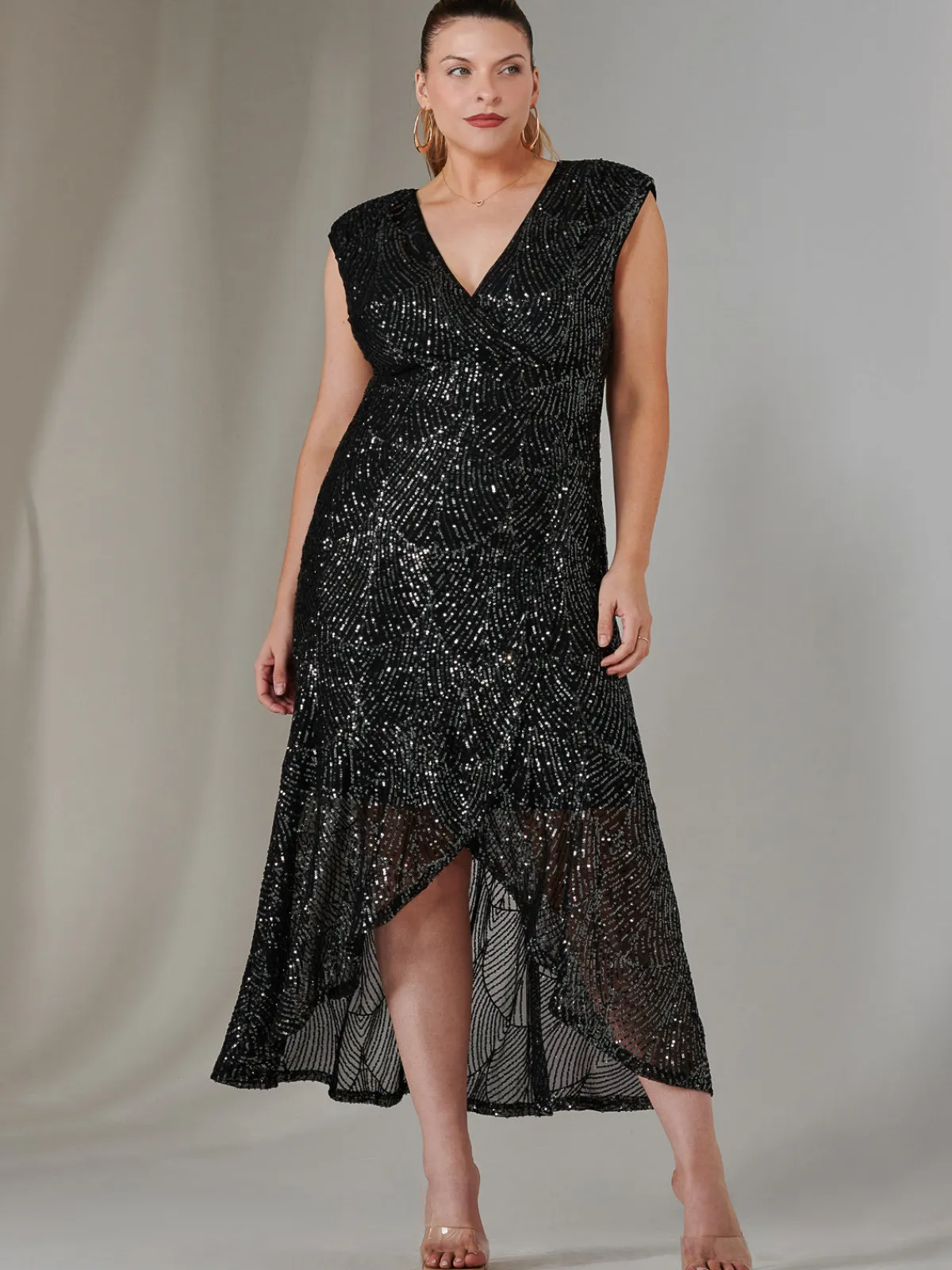 Jolie Moi Occasion Dresses|Sleeveless Dresses-Sequin Ruffle Hem Maxi Dress, Black- Silver