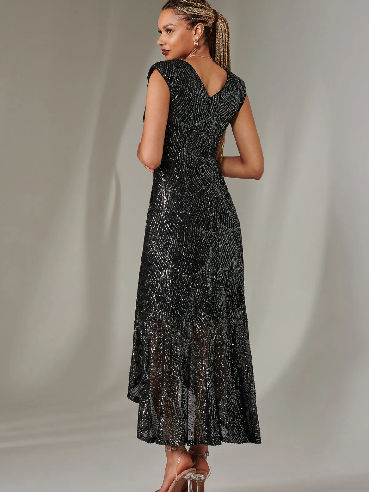 Jolie Moi Occasion Dresses|Sleeveless Dresses-Sequin Ruffle Hem Maxi Dress, Black- Silver