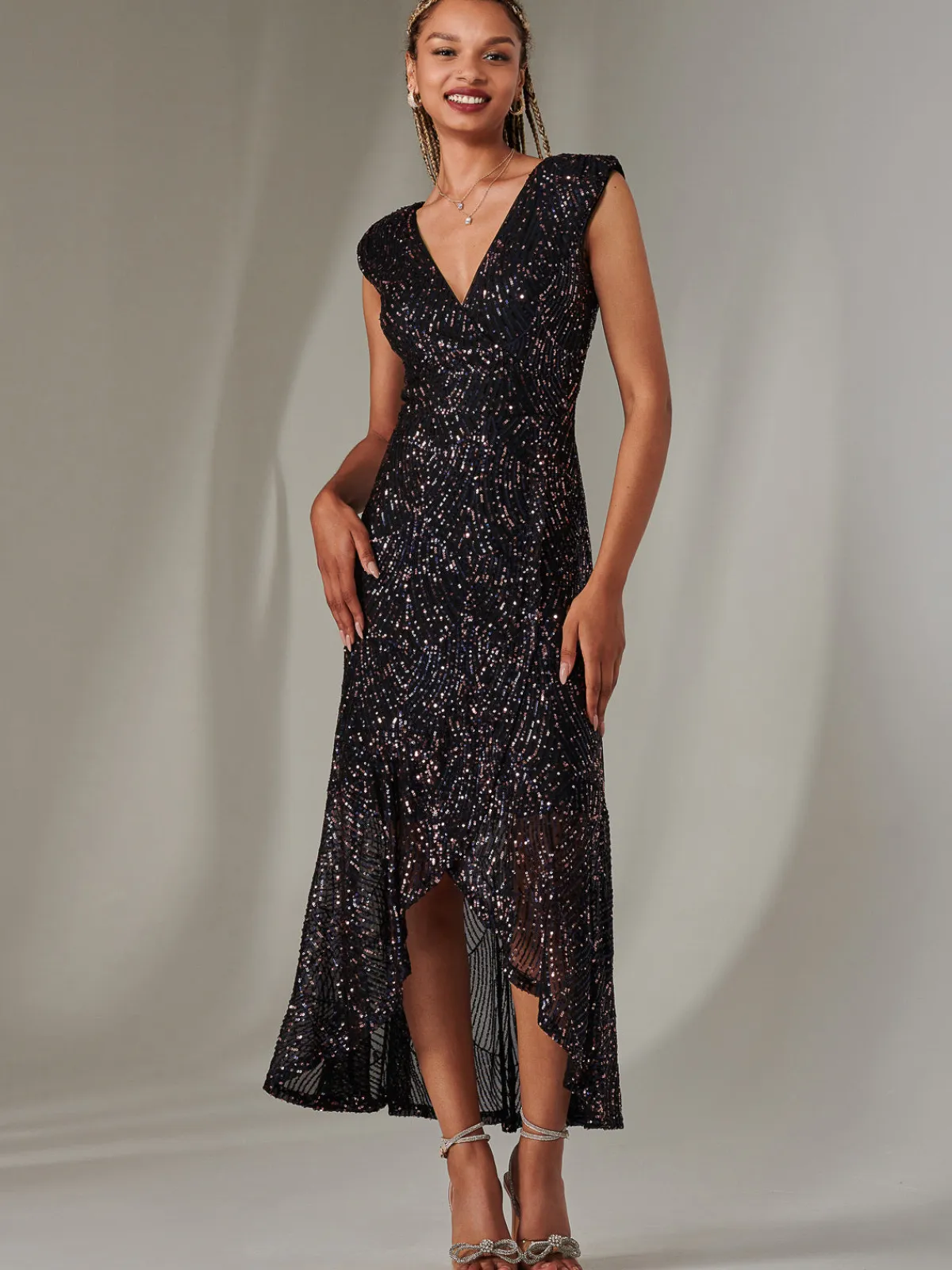 Jolie Moi Occasion Dresses|Wrap Dresses-Sequin Ruffle Hem Maxi Dress, Navy Multi