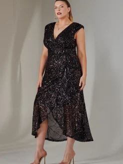 Jolie Moi Occasion Dresses|Wrap Dresses-Sequin Ruffle Hem Maxi Dress, Navy Multi