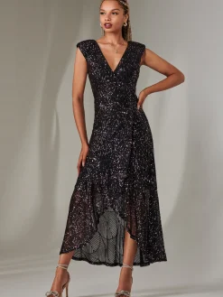 Jolie Moi Occasion Dresses|Wrap Dresses-Sequin Ruffle Hem Maxi Dress, Navy Multi