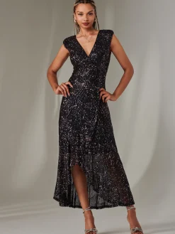Jolie Moi Occasion Dresses|Wrap Dresses-Sequin Ruffle Hem Maxi Dress, Navy Multi