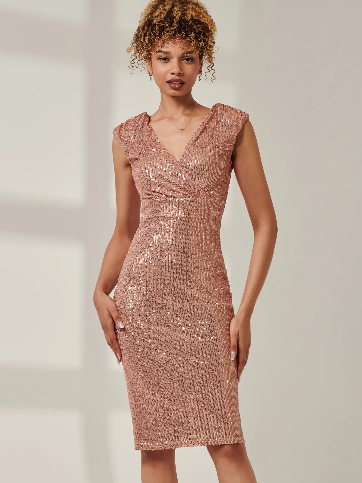 Jolie Moi Occasion Dresses|Party Dresses-Sequin Sleeveless Hourglass Dress, Rose Gold