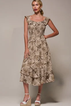 Jolie Moi Midi Dresses-Shirred Ruffle Sleeve Tiered Midi Dress, Brown Abstract