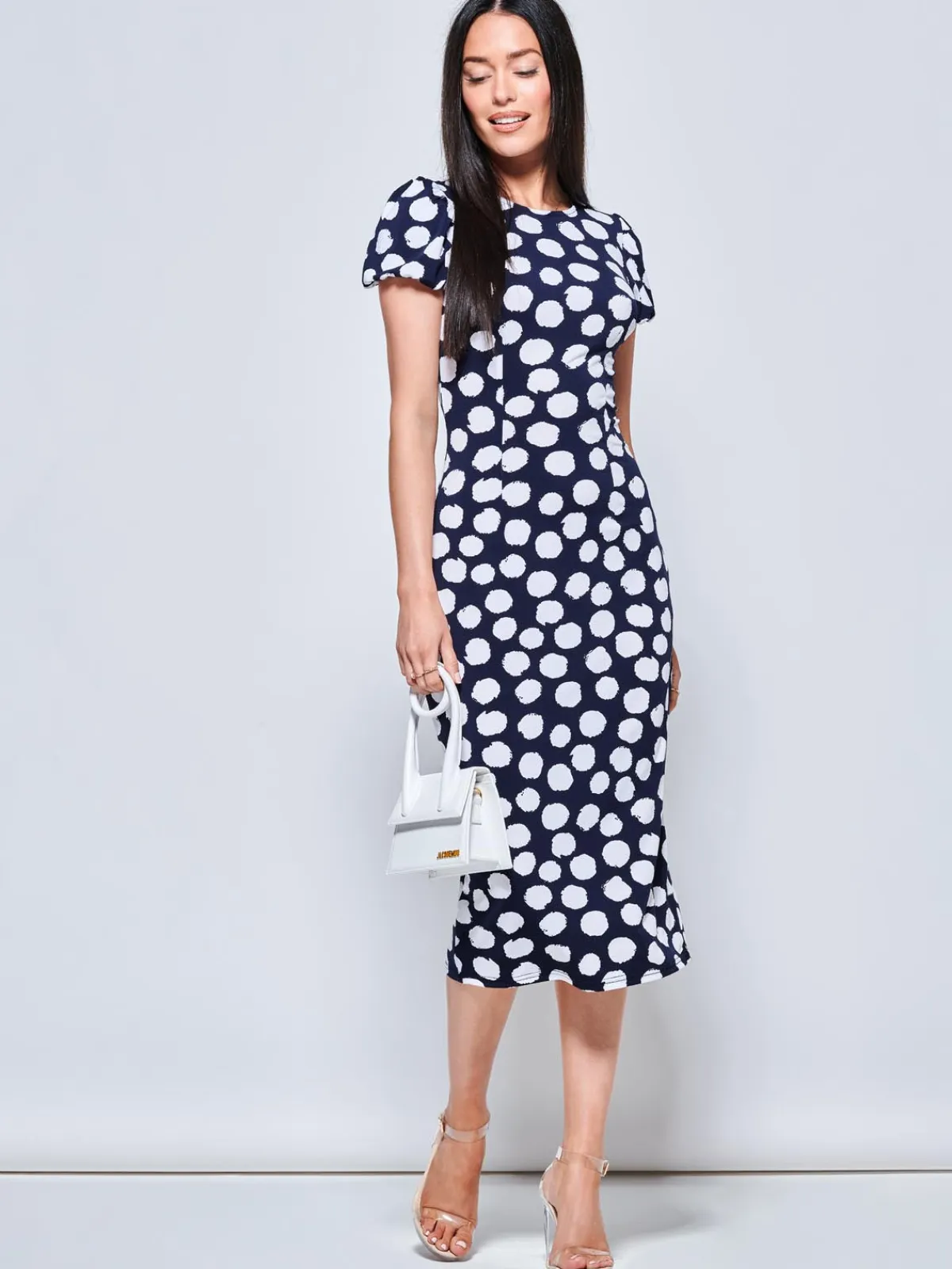 Jolie Moi Occasion Dresses|Jersey Dresses-Short Sleeve Jersey Bodycon Midi Dress, Navy Polka Dot