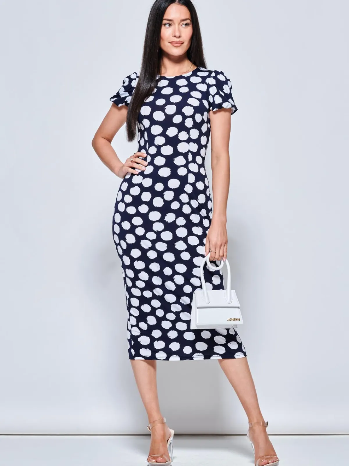 Jolie Moi Occasion Dresses|Jersey Dresses-Short Sleeve Jersey Bodycon Midi Dress, Navy Polka Dot