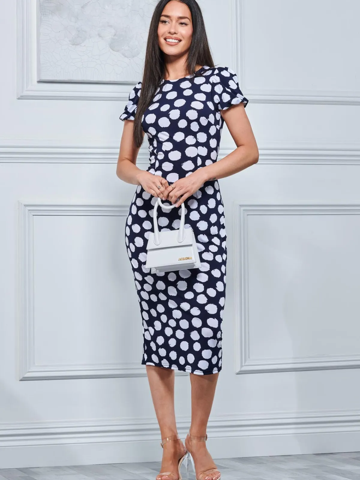 Jolie Moi Occasion Dresses|Jersey Dresses-Short Sleeve Jersey Bodycon Midi Dress, Navy Polka Dot