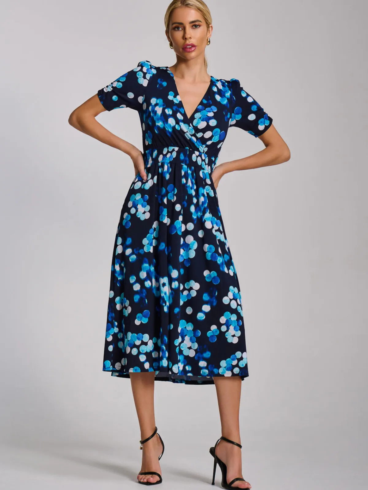Jolie Moi Occasion Dresses|Jersey Dresses-Short Sleeve Printed Jersey Midi Dress, Blue Spot
