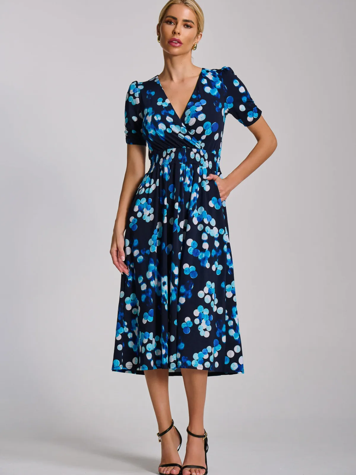 Jolie Moi Occasion Dresses|Jersey Dresses-Short Sleeve Printed Jersey Midi Dress, Blue Spot