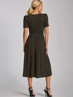 Jolie Moi Jersey Dresses|Office Dresses-Short Sleeve Printed Jersey Midi Dress, Navy Polka Dot